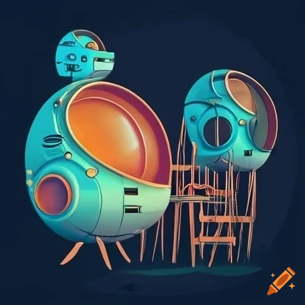 retro-futuristic illustration of a living pod with unique landing stilts
