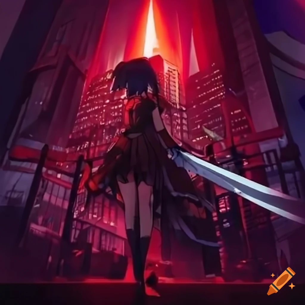 anime girl with a crimson sword on a skyscraper
