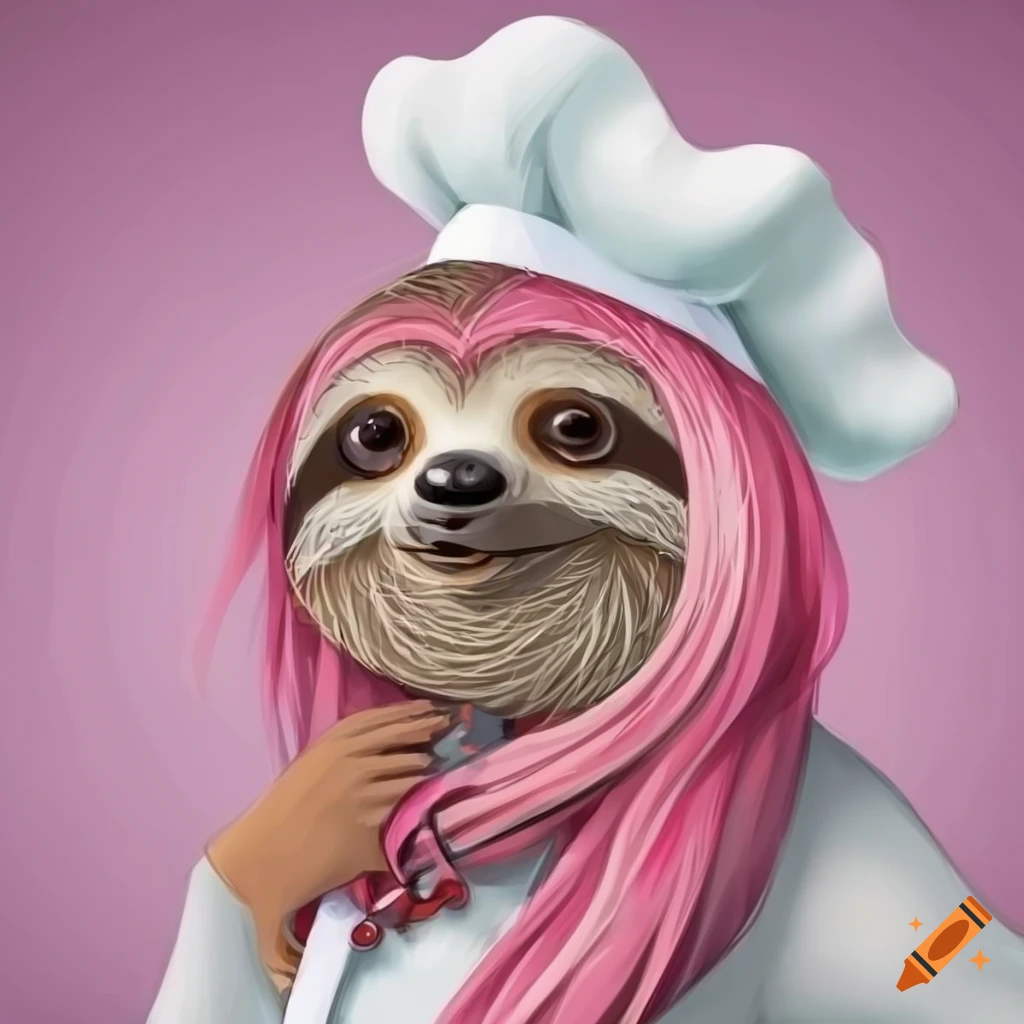 adorable sloth chef with pink hair and chef's uniform