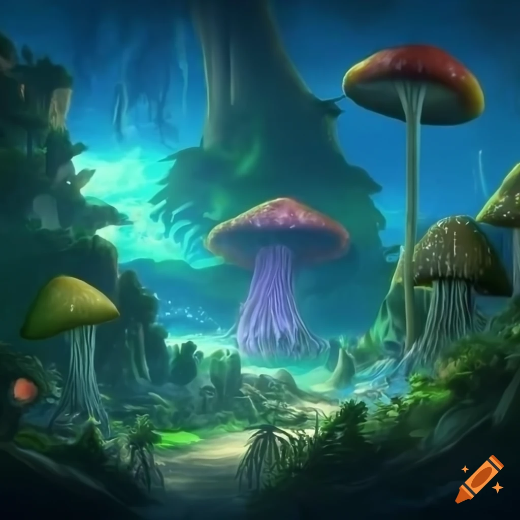 Glowing Island With Tropical Mushrooms