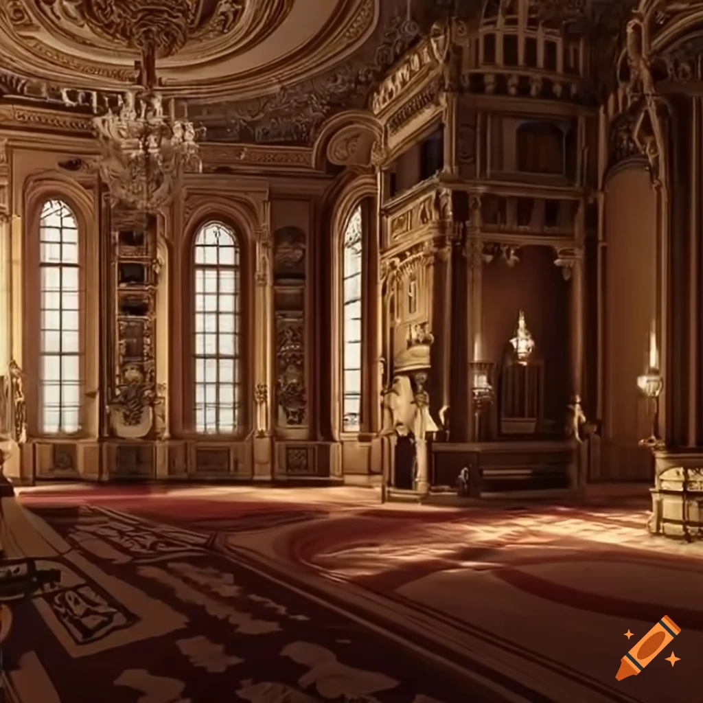 cinematic interior view of a royal palace