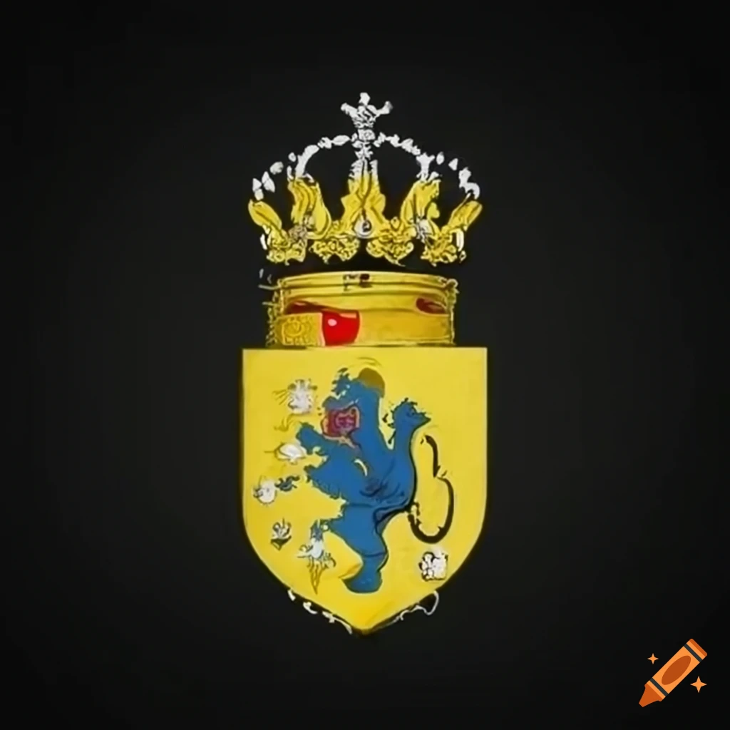 Spanish royalty coat of arms with crowns, lions, and yellow, black, and blue colors