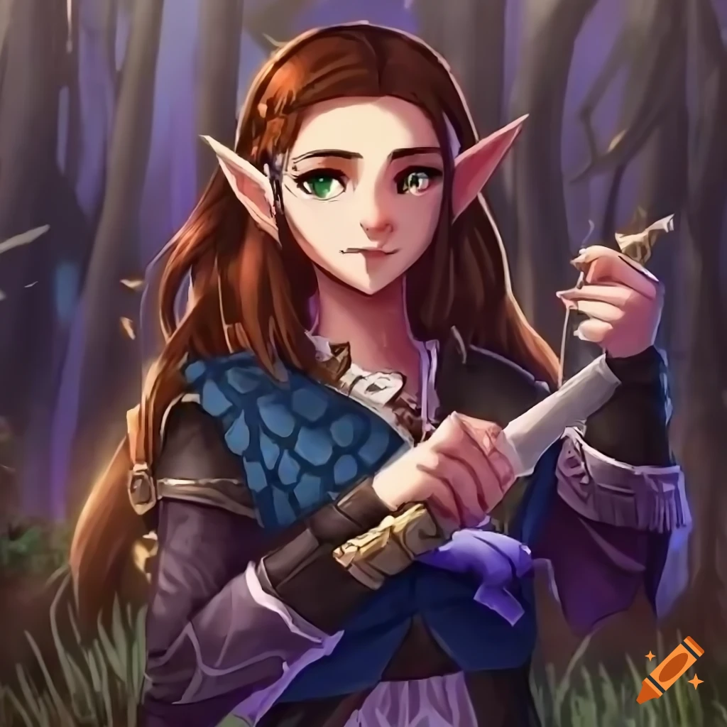 illustration of a young half-elf half-orc druid in the forest