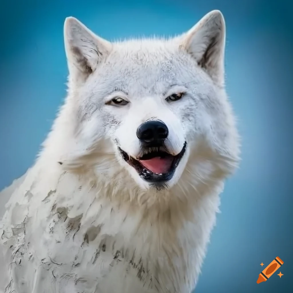 realistic depiction of a muddy white wolf with closed eyes