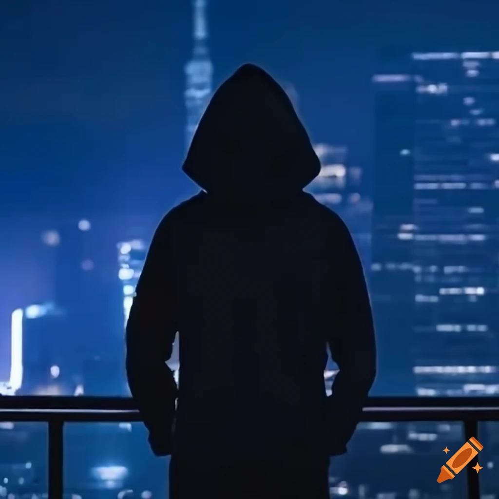 night time view of a teenage boy on a rooftop with glowing city lights