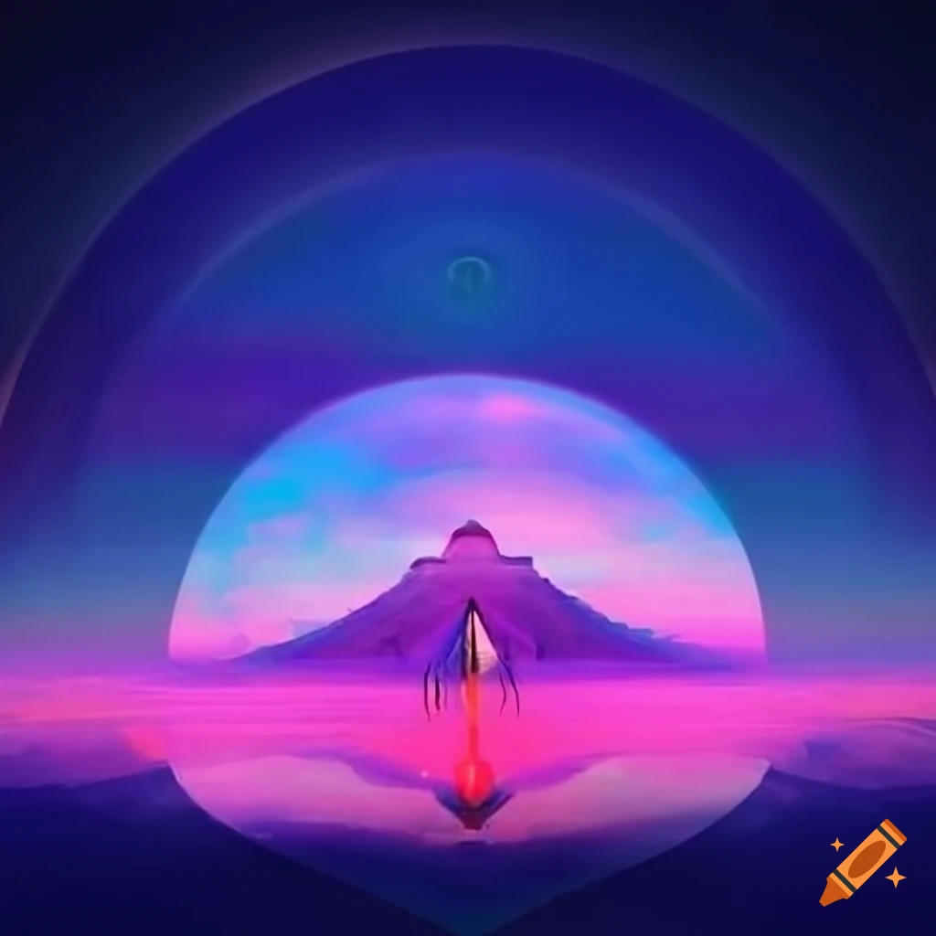 surreal artwork with vibrant landscapes and celestial beings
