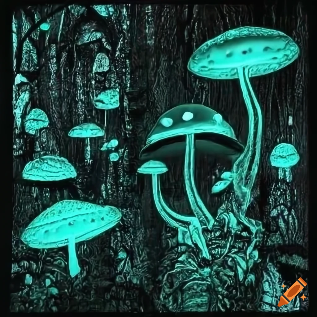 Fantasy art of a glowing mushroom island on Craiyon