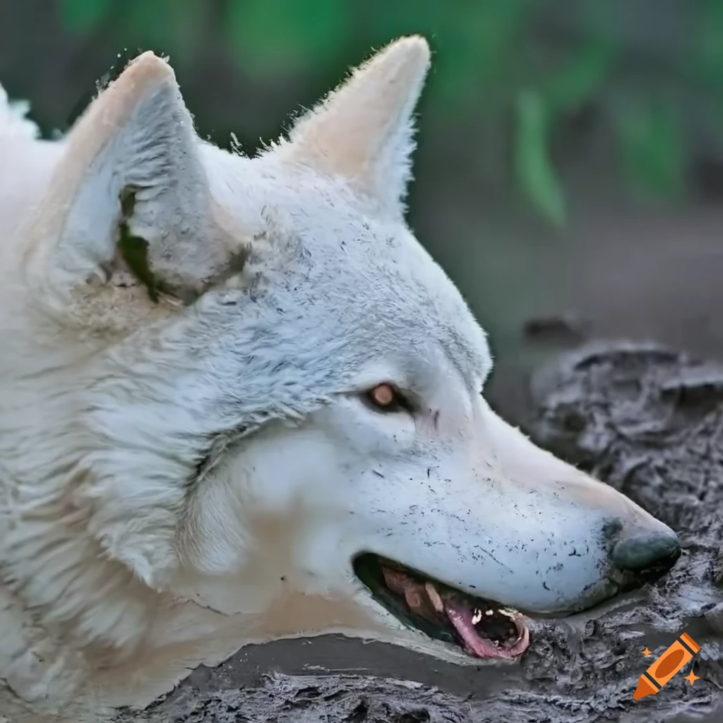 smiling white wolf covered in mud