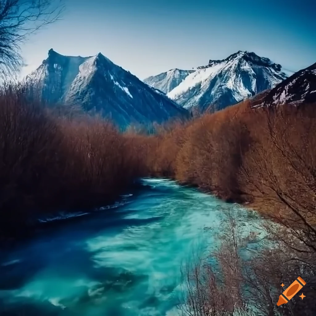 Blue river flowing through snowy mountains
