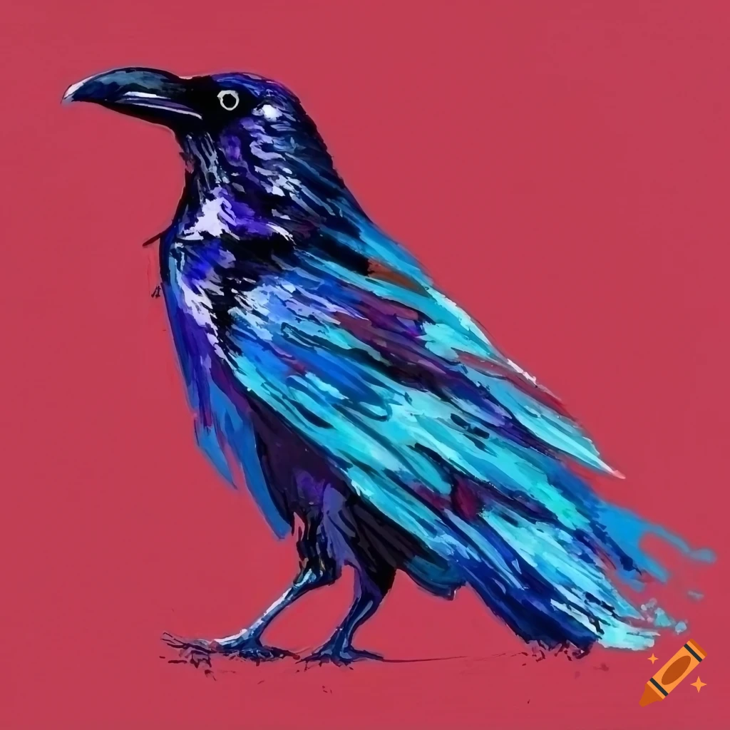 oil painting of a blue raven on a red background