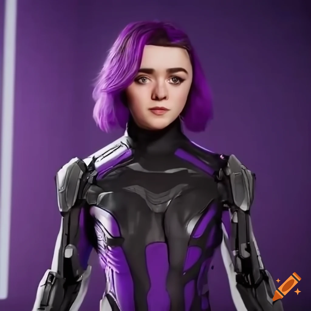 Maisie williams in sci-fi attire with purple hair and white robot on ...