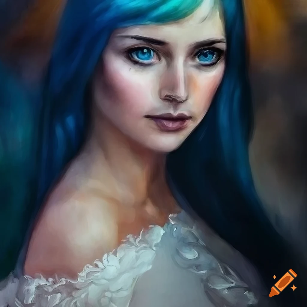 Close-up portrait of a woman with blue and dark hair on Craiyon