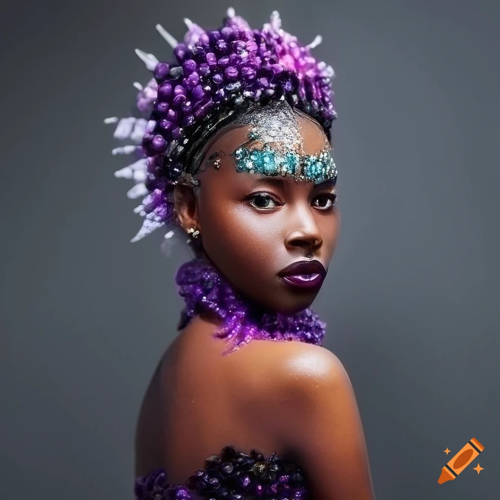 photorealistic bio-art model in purple attire