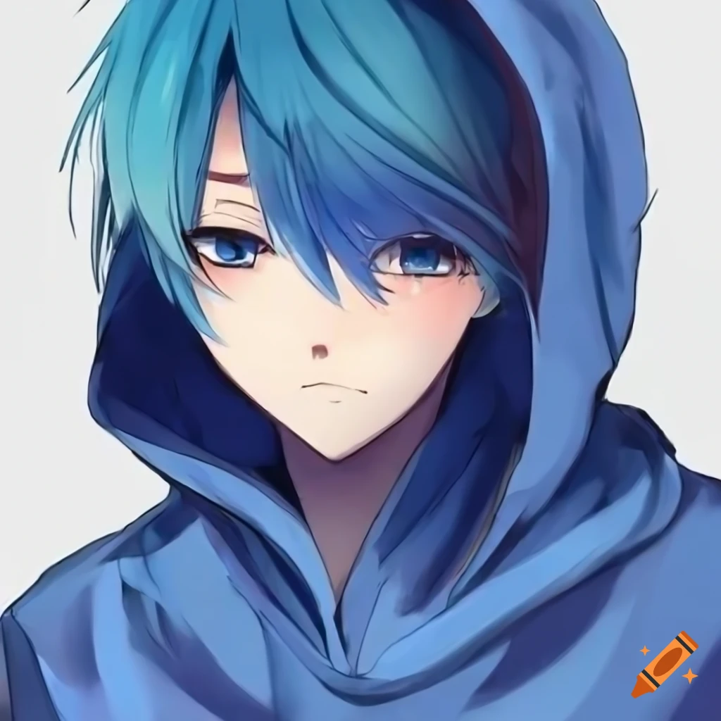 anime character with blue hair and hoodie