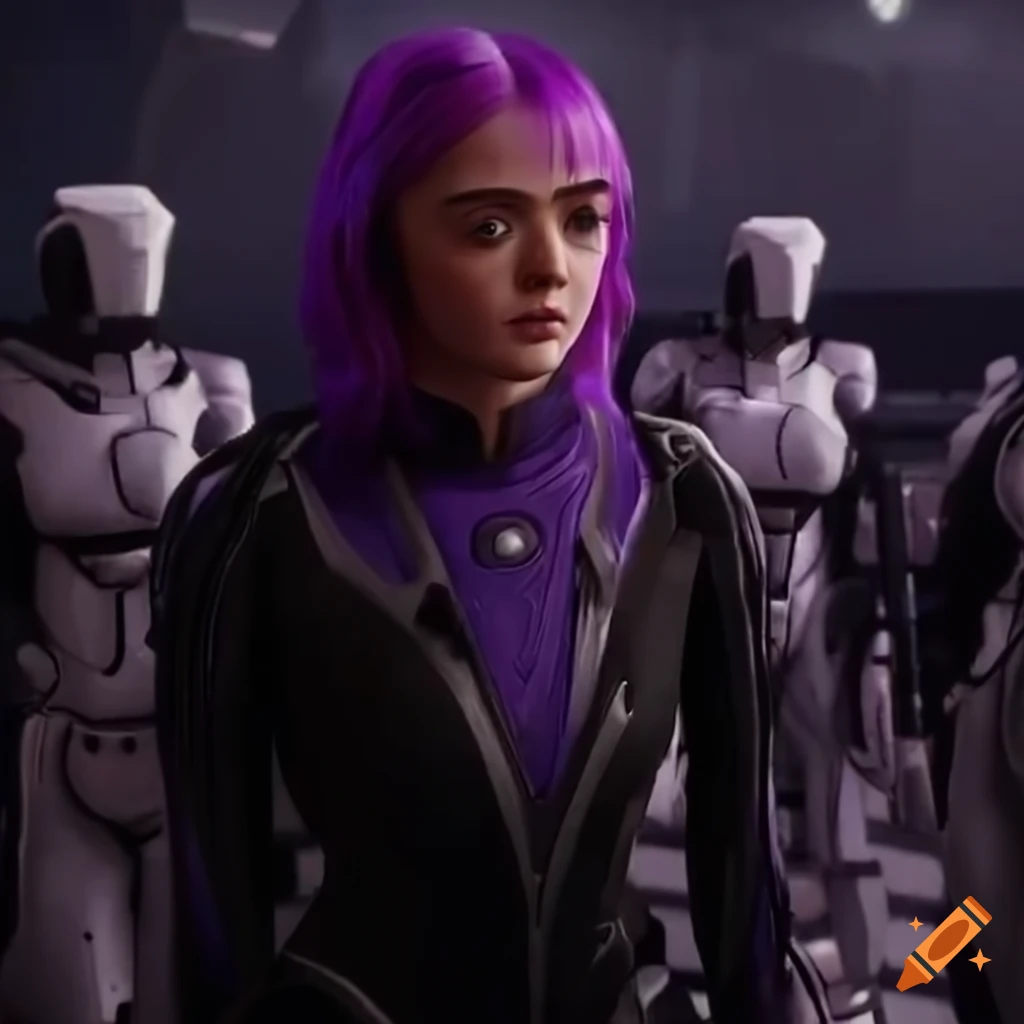 Image of a scifi girl with purple hair and purpleblack jumpsuit