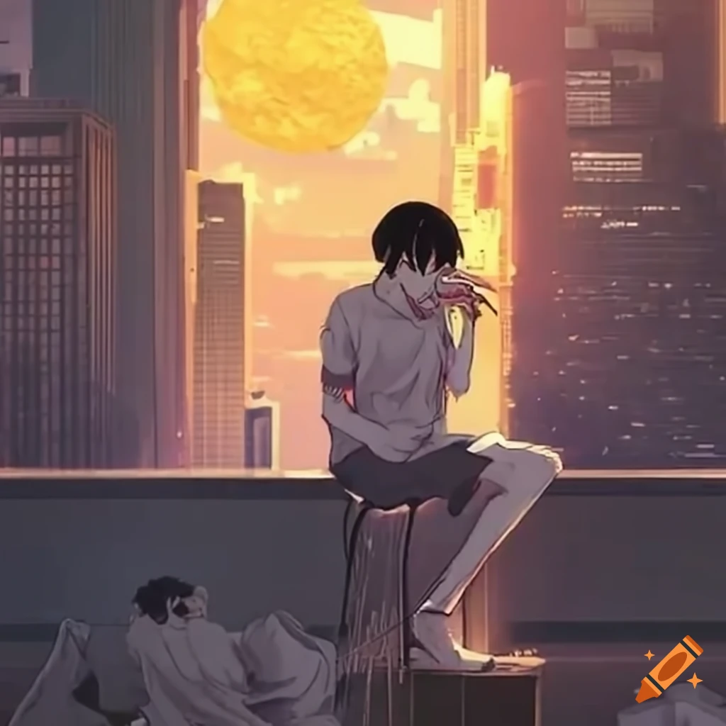 man enjoying ice cream with sunset view from skyscraper