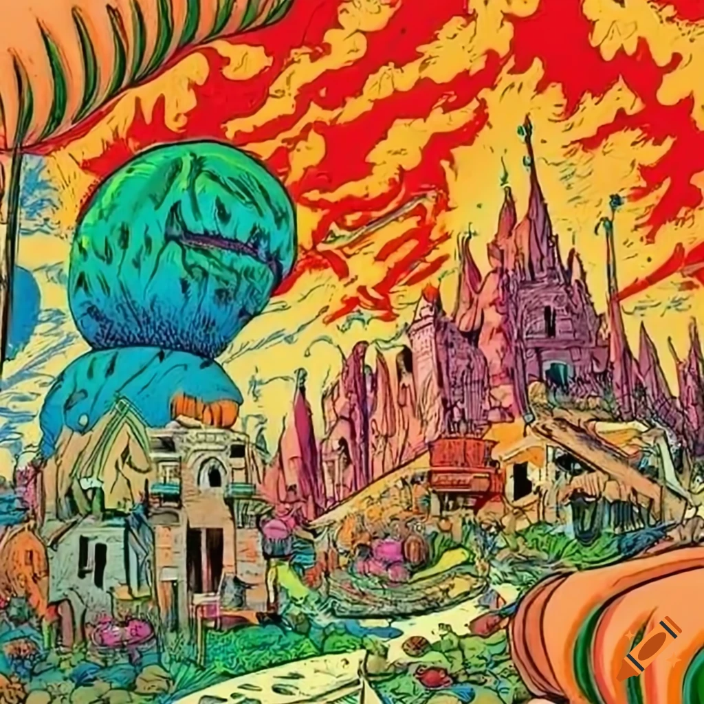 Abstract comic style sketch inside a 1970s space station with green and ...