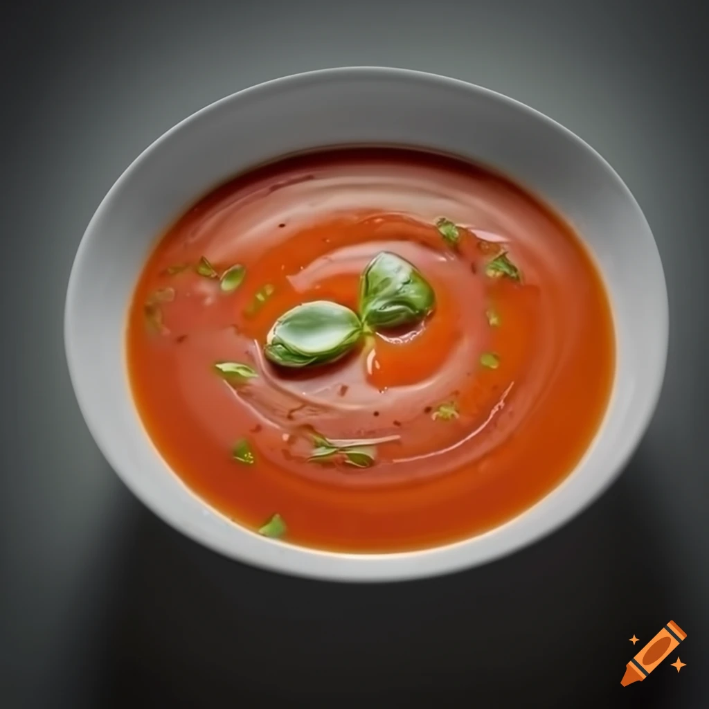 tomato soup with basil garnish in a white bowl