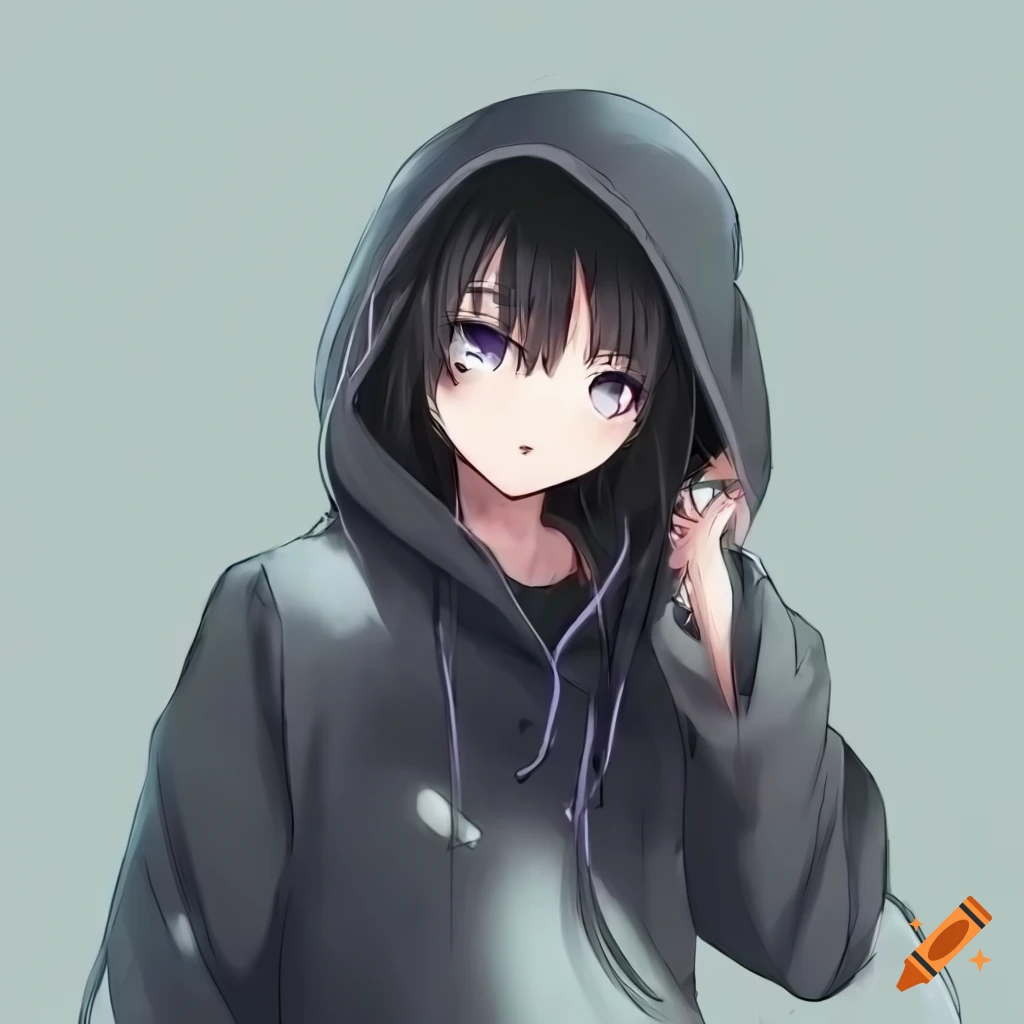 Anime girl in a black hoodie with a sideways glance on Craiyon