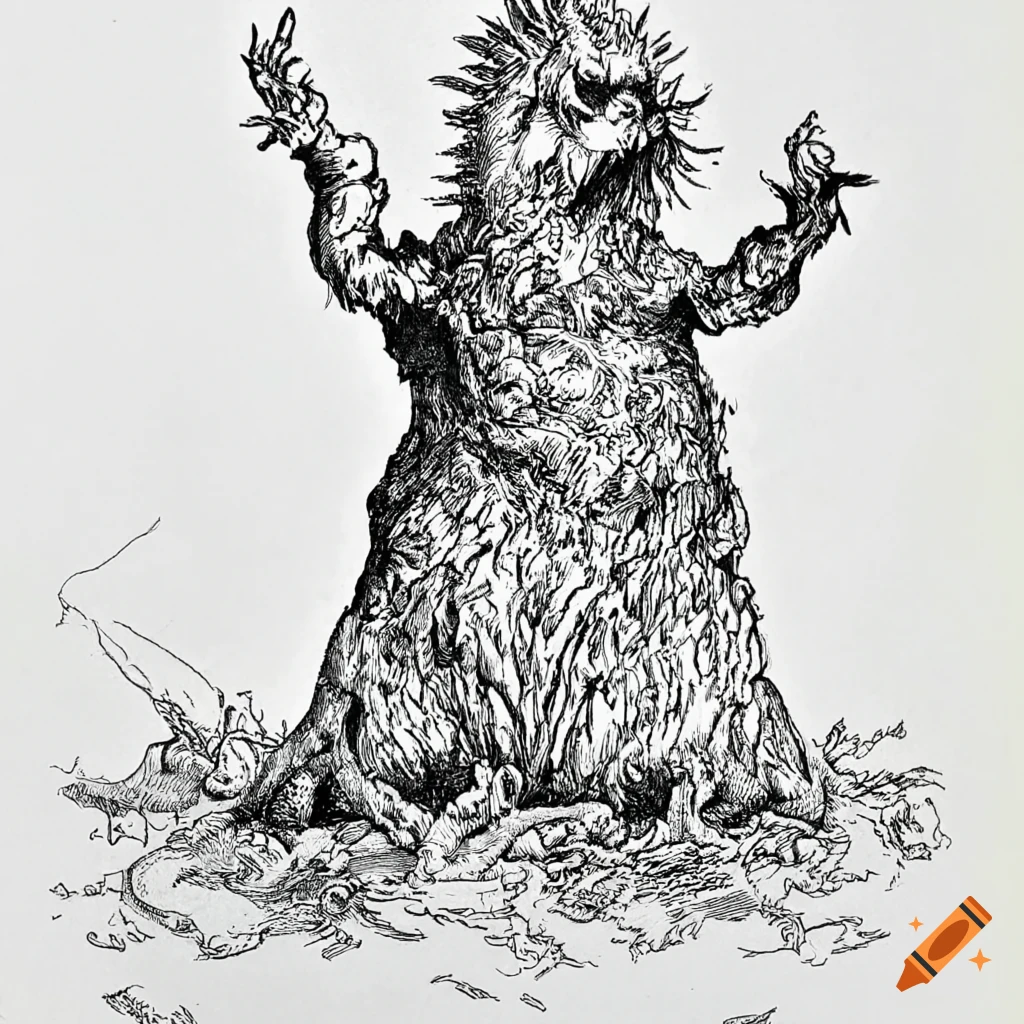 ink drawing of a mythological creature inspired by the Book of the Hakutaku
