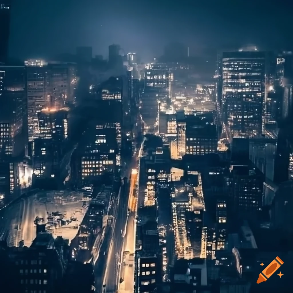 aerial view of a dark industrial city at night