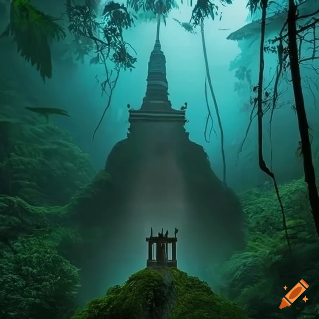 misty jungle temple in the rainforest