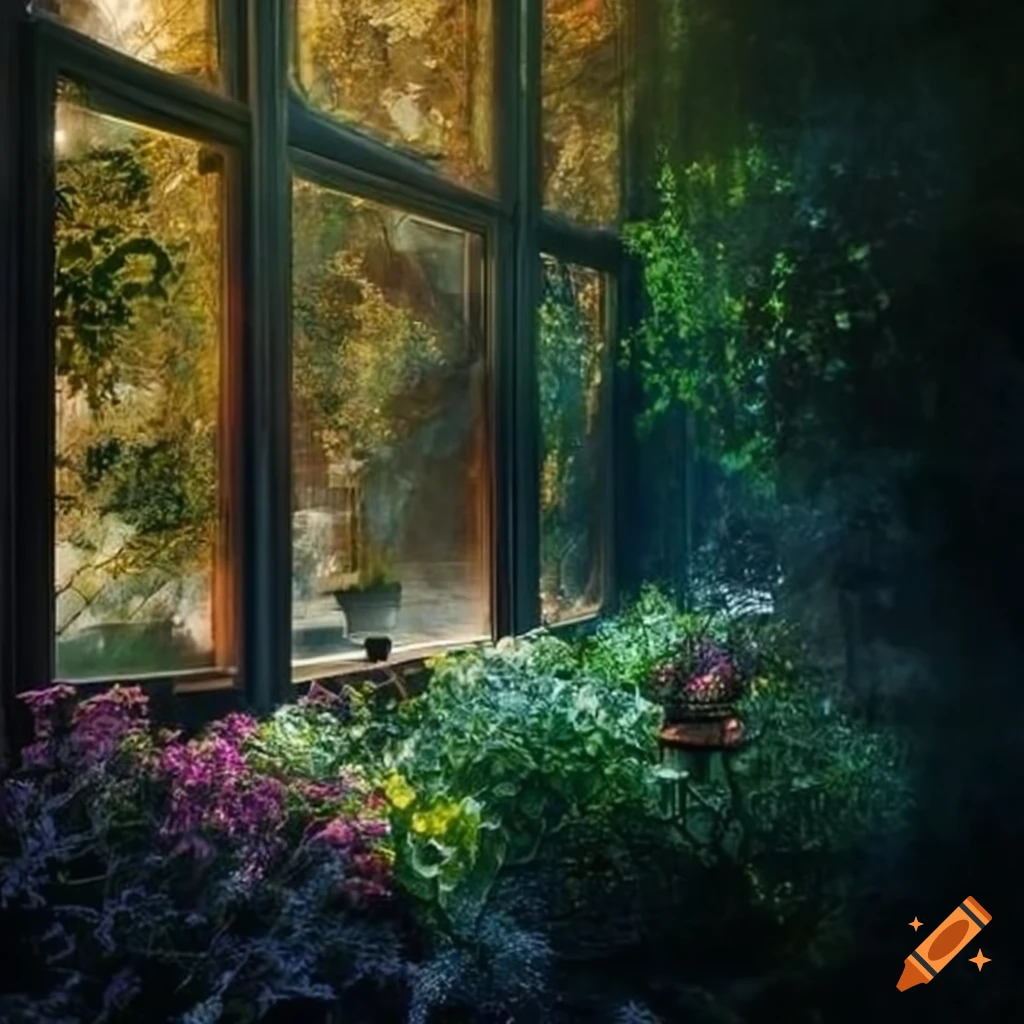 Dawn view of a garden house with crystal windows on Craiyon