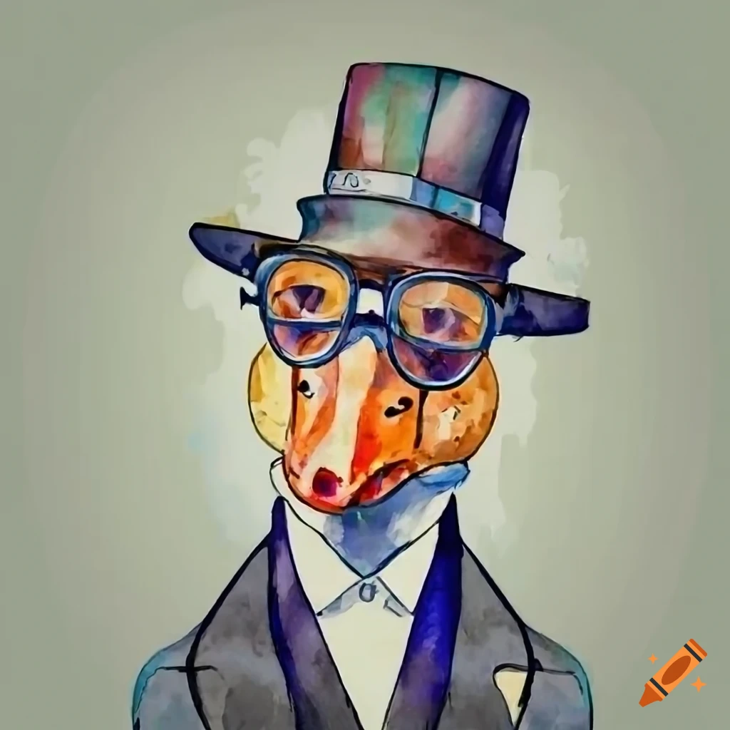 a goose in a tuxedo, hat, and glasses