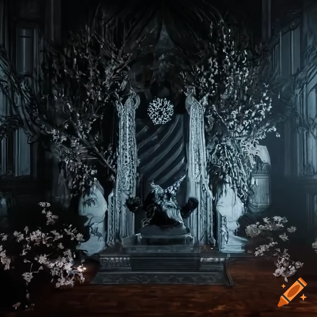 fantasy throne room with sakura tree