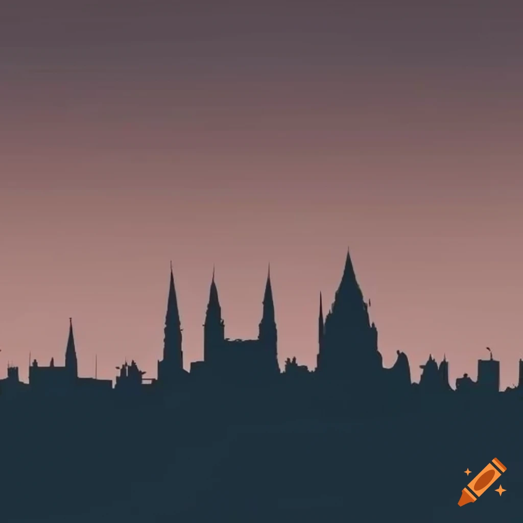 Monochromatic silhouette of a gothic city skyline on Craiyon