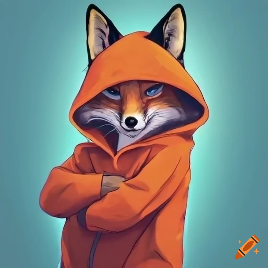 Red fox wearing an orange hoodie on Craiyon