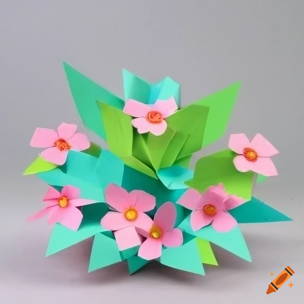 Product photo of a paper jungle with origami flowers on Craiyon