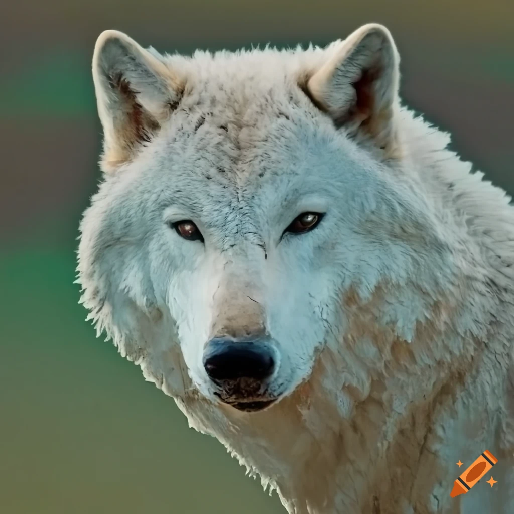 white wolf covered in mud with a joyful expression