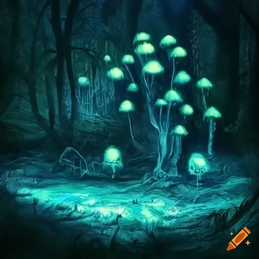 detailed image of a mystical island with glowing mushrooms