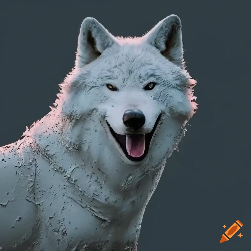 realistic depiction of a muddy white wolf