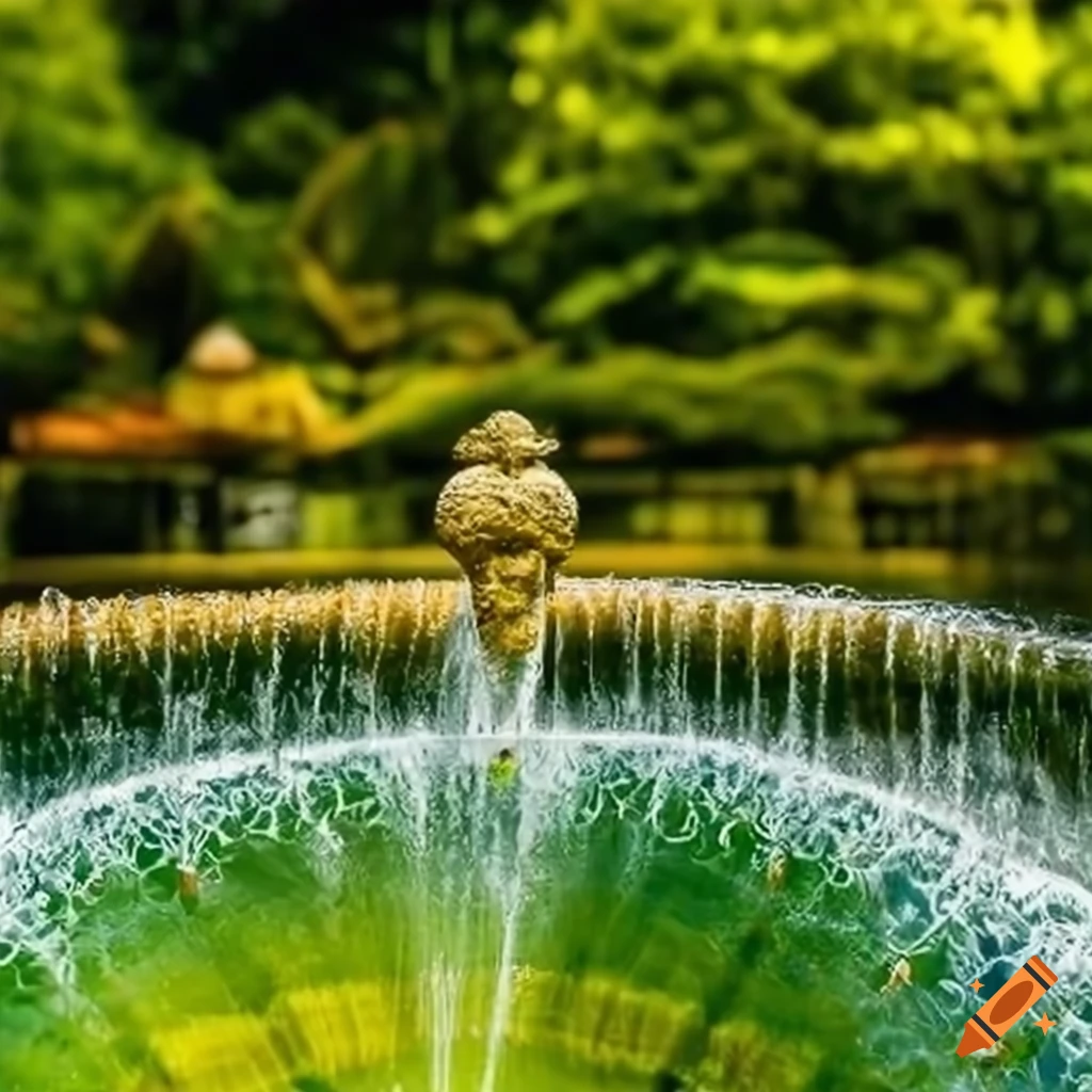 image of a Mediterranean botanical garden with a fountain