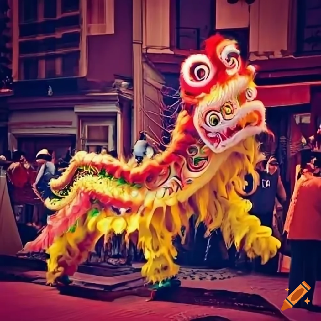 Vibrant Dragon And Lion Dance In A Busy Street vibrant-dragon-and-lion-dance-in-a-busy-street
