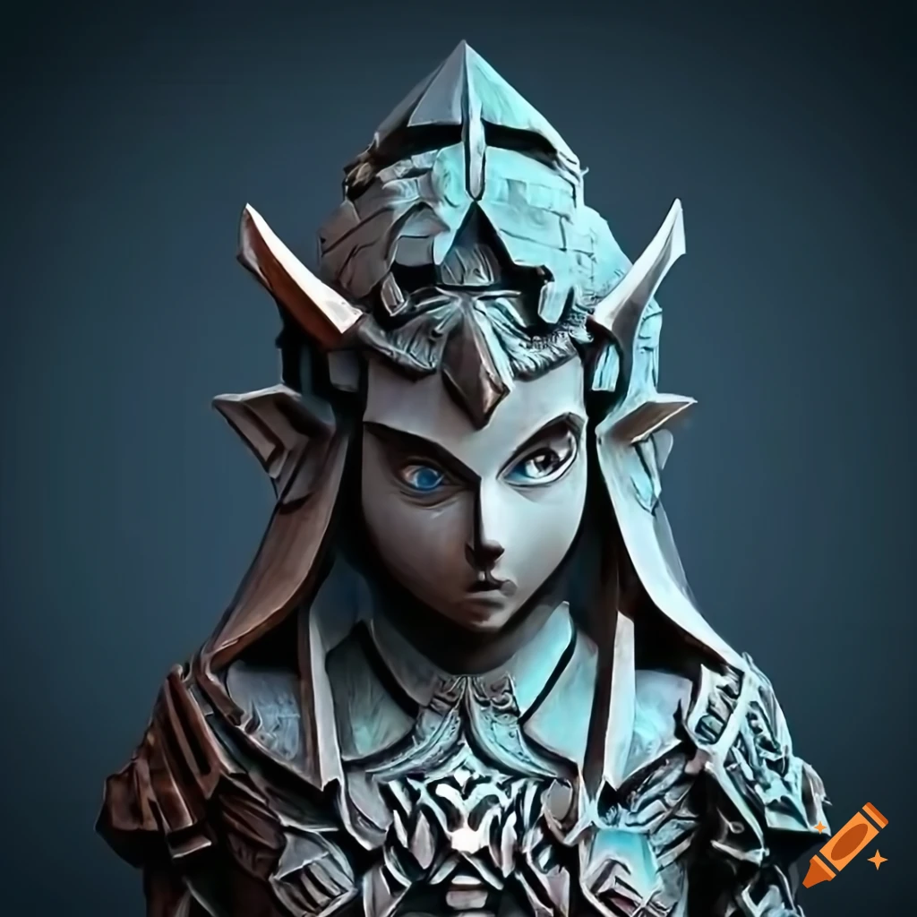 Zelda game sculpture with architectural stave carving style on Craiyon