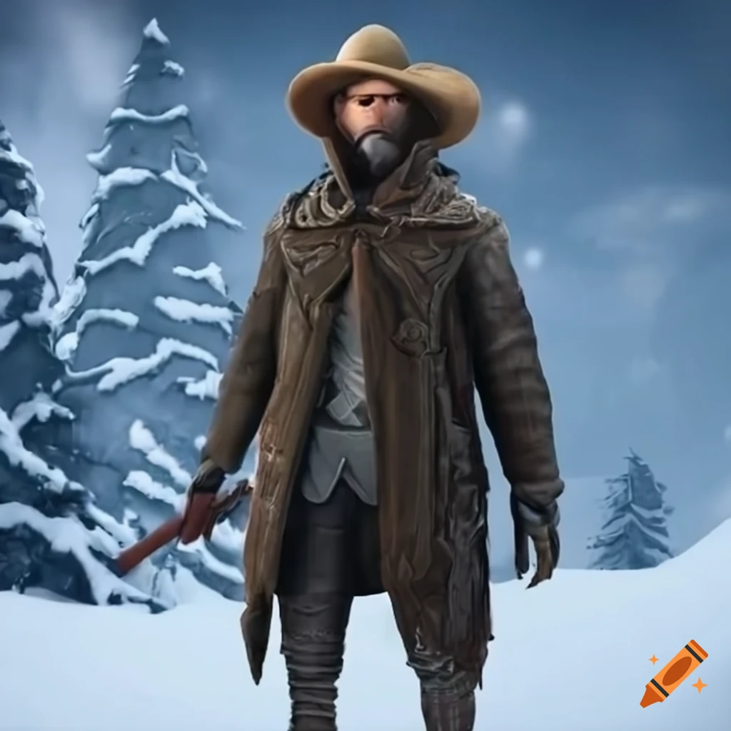 alien character in frontierman outfit in snowy landscape