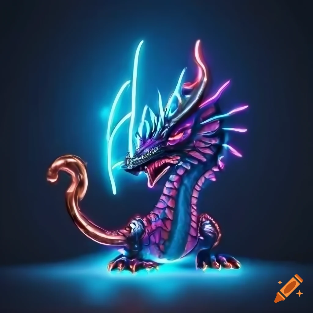 neon dragon with a copper stick in a cityscape
