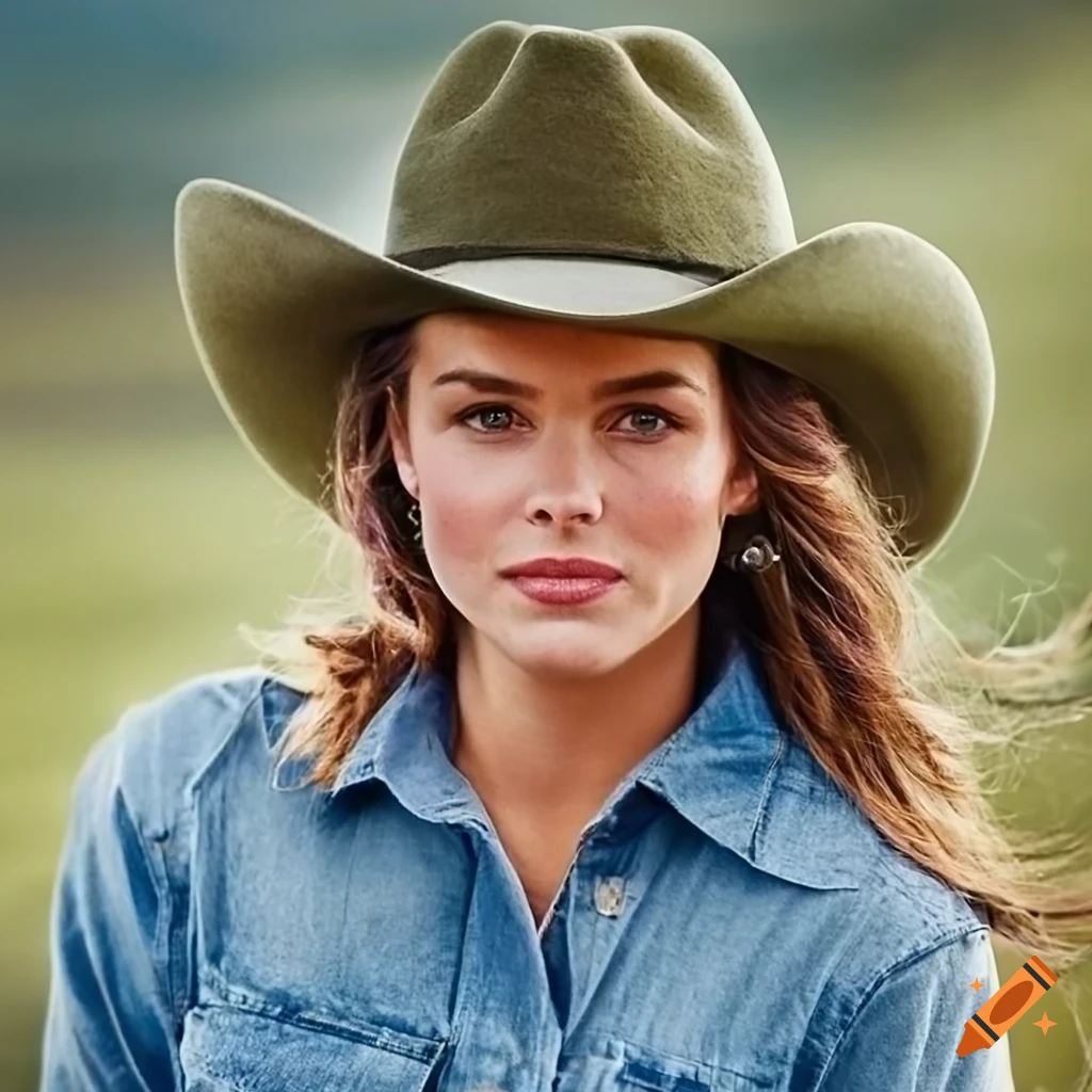 portrait of a beautiful cowgirl actress in a white dress