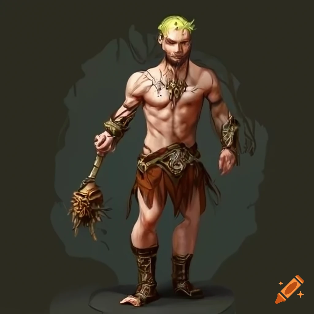illustration of a skinny male fairy barbarian with a flail