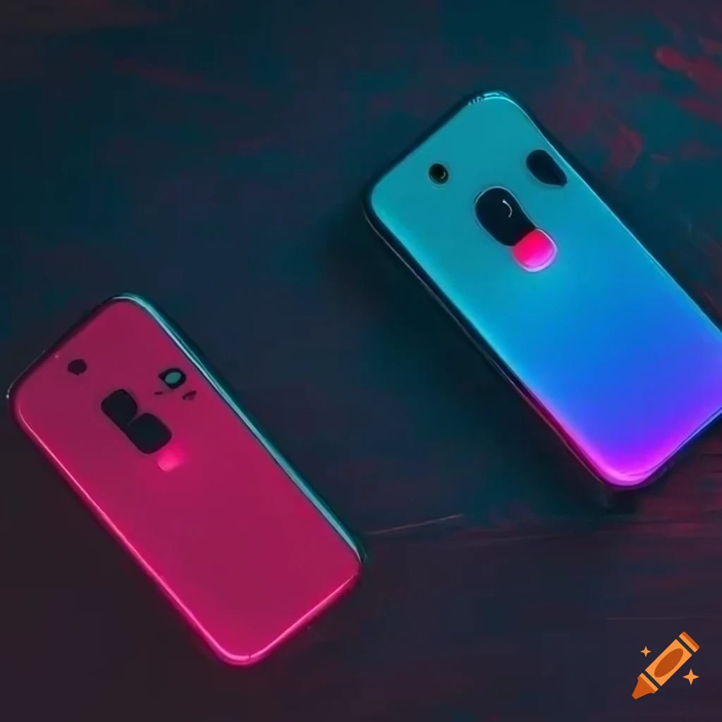 two colorful glowing smartphones on a dark wooden table