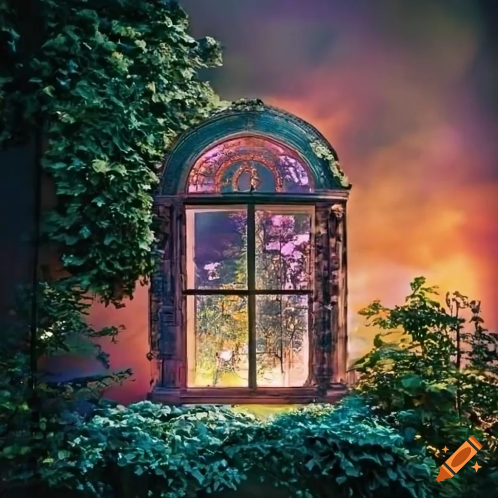 Crystal window in a beautiful garden on Craiyon