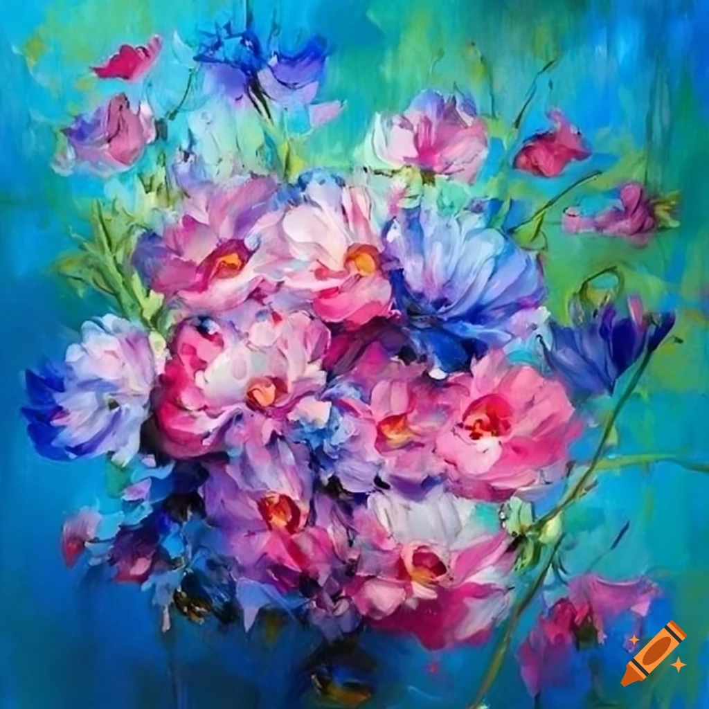 blue and pink flower painting