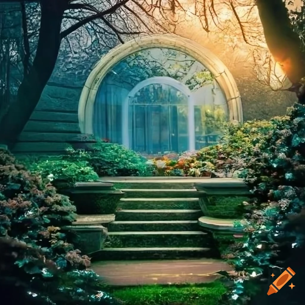 View of a garden house with crystal windows surrounded by trees on Craiyon