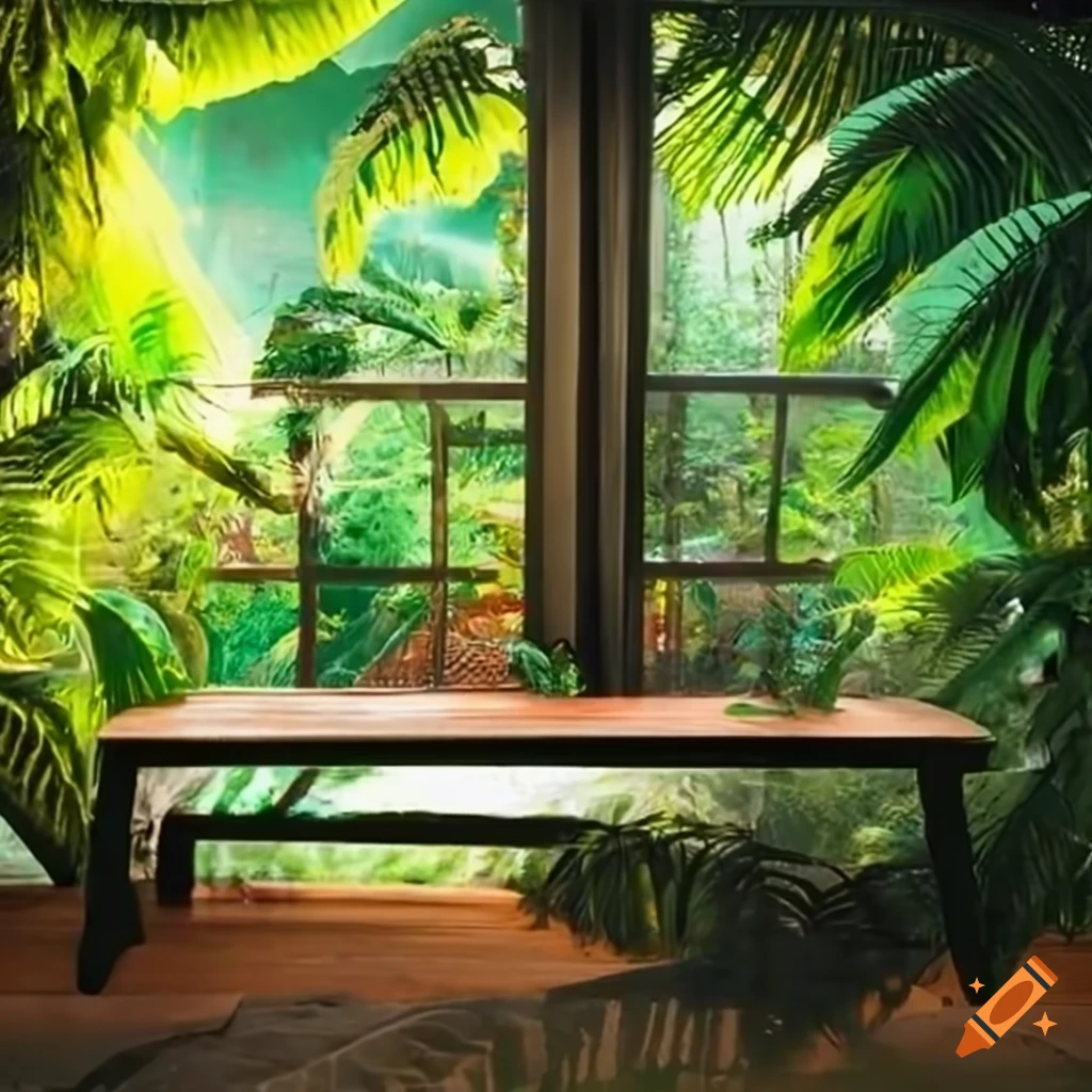 tropical rainforest scenery with a bench by the window
