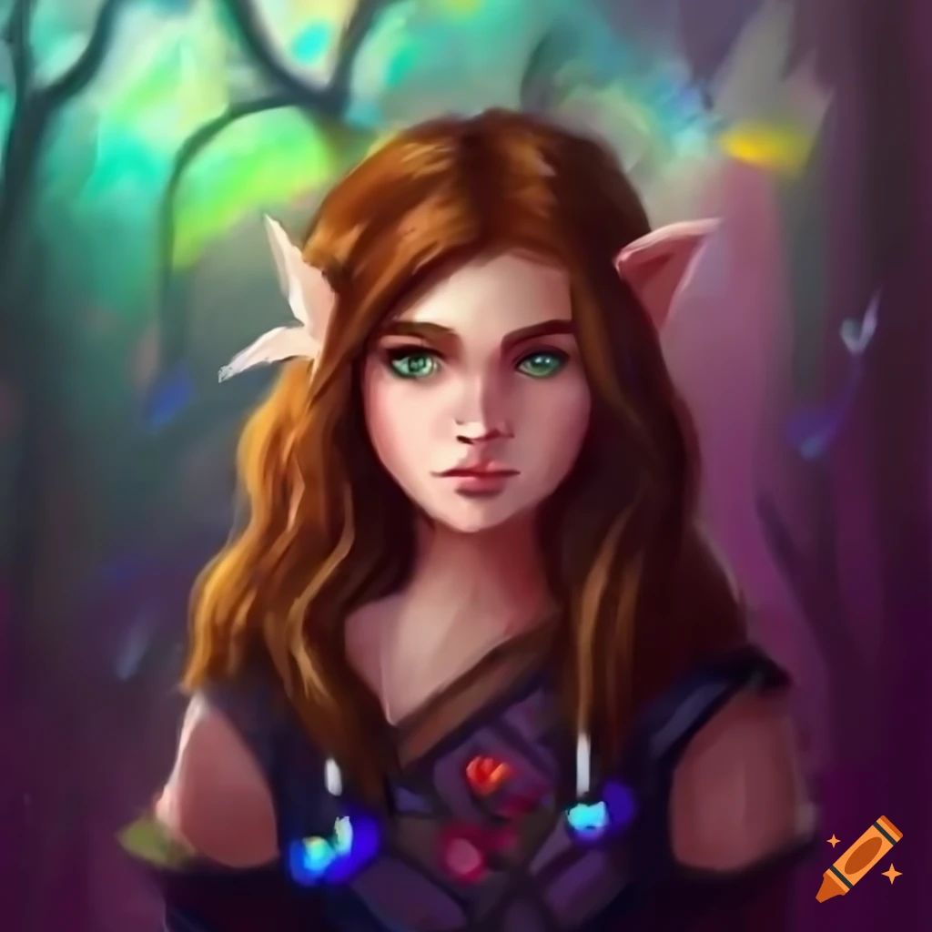 artistic illustration of a young half-elf half-orc druid in a forest