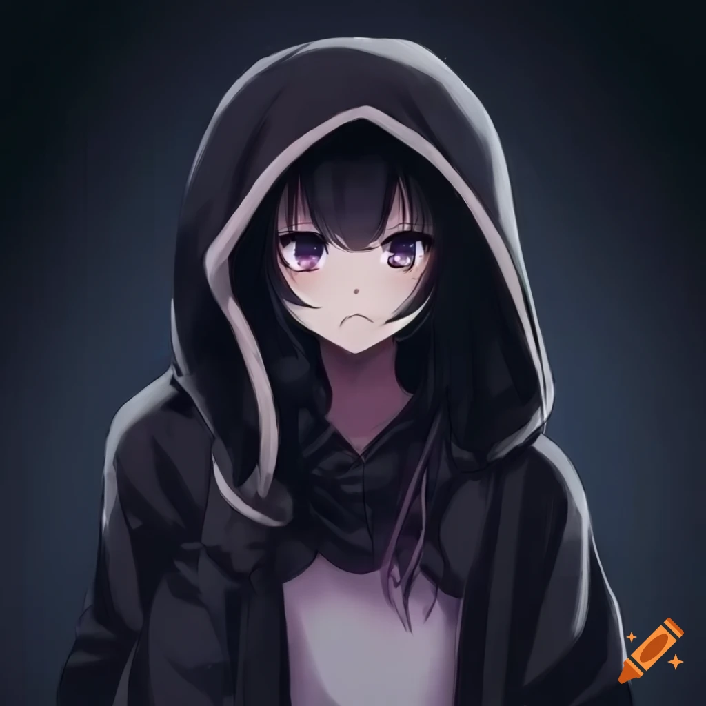 Anime girl with blue eyes, brown hair and she's wearing a black hoodie