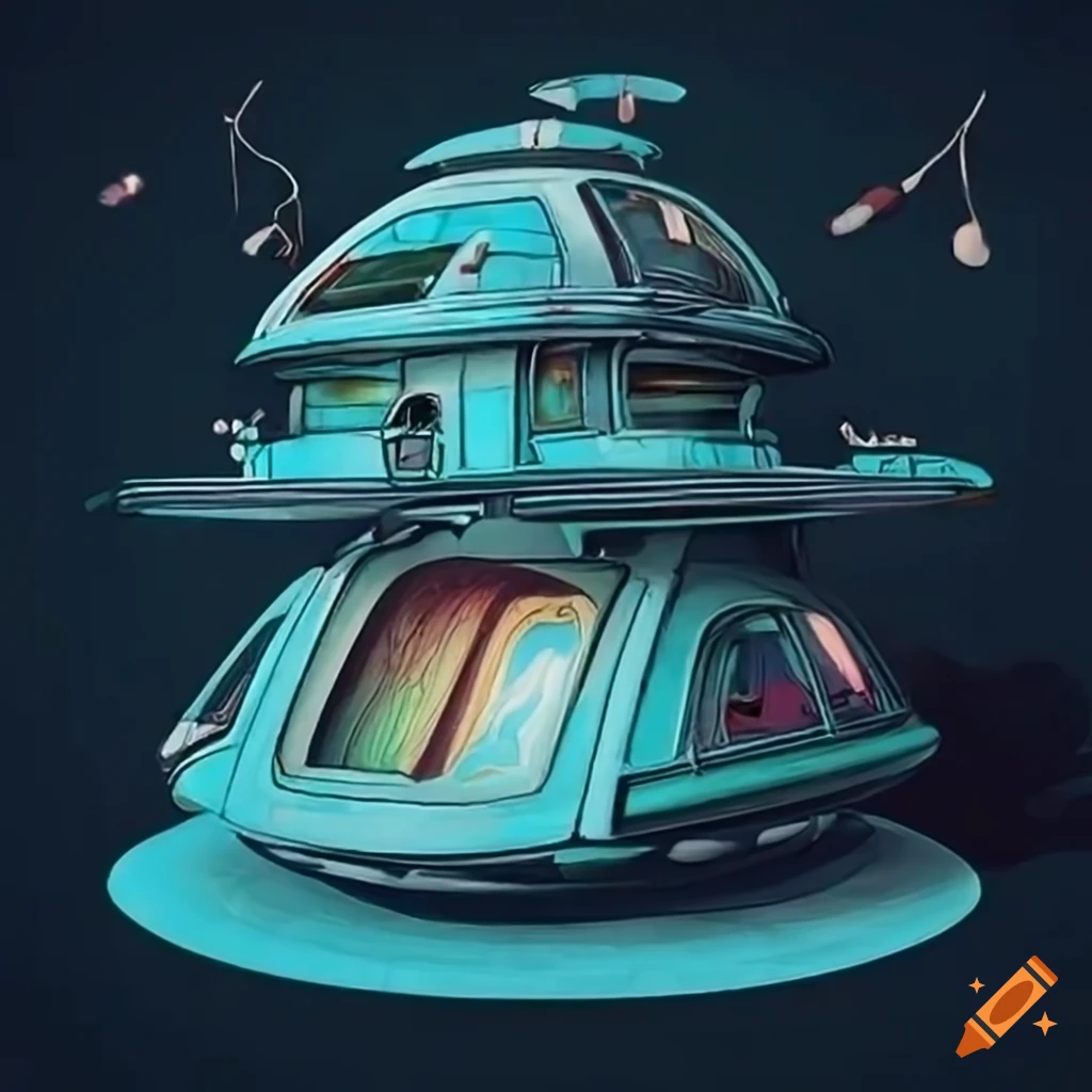 retro-futuristic drawing of a unique living pod